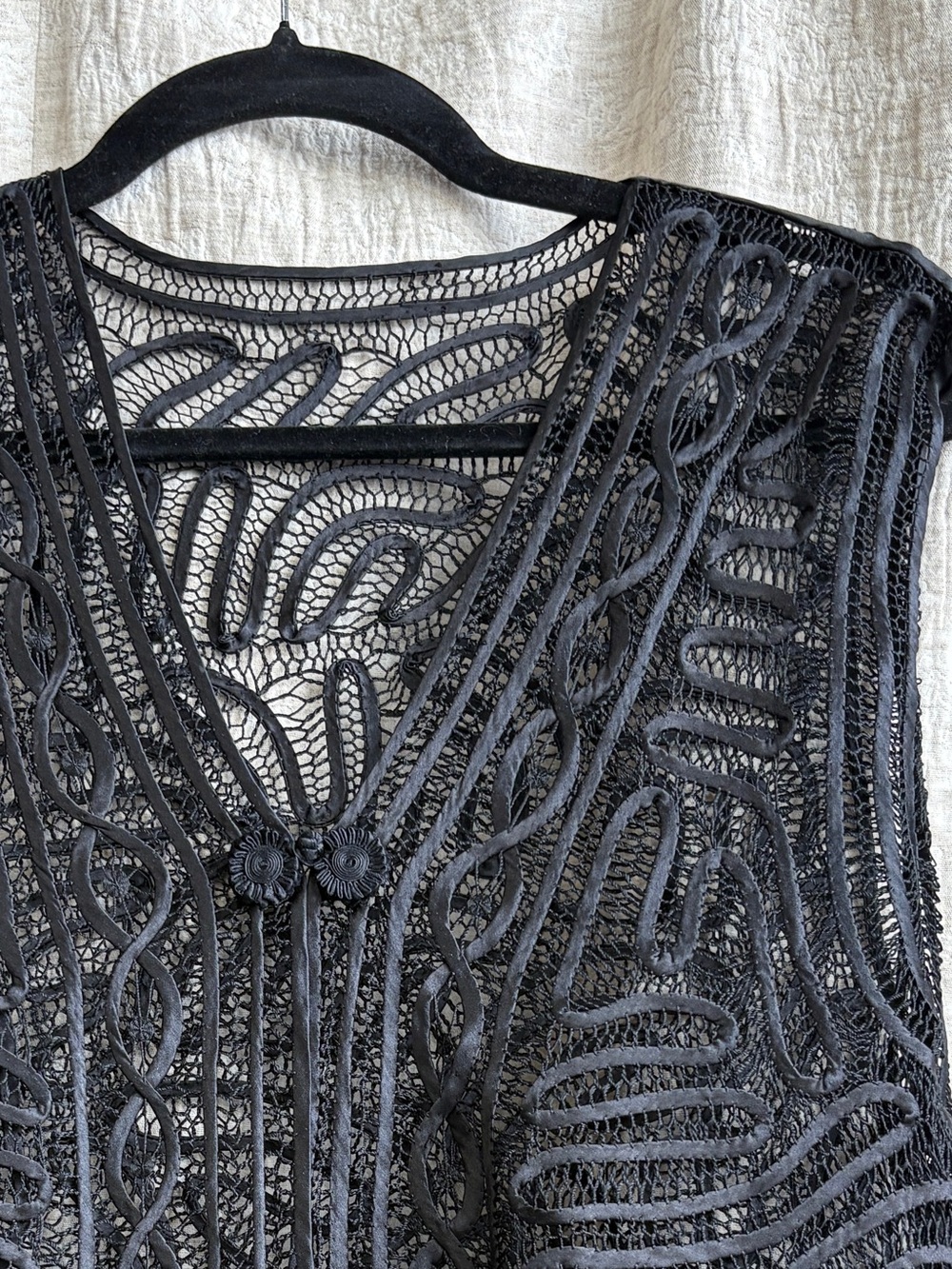 Vintage Black 100% Silk Satin Soutache Vest- L